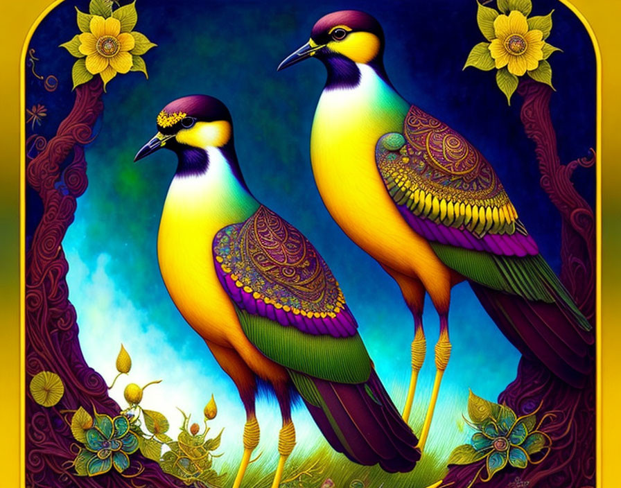 Colorful Stylized Birds with Elaborate Plumage on Whimsical Floral Backdrop