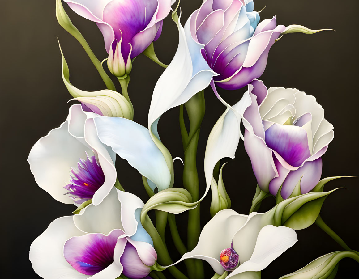 Stylized botanical illustrations in soft purple and white on dark background