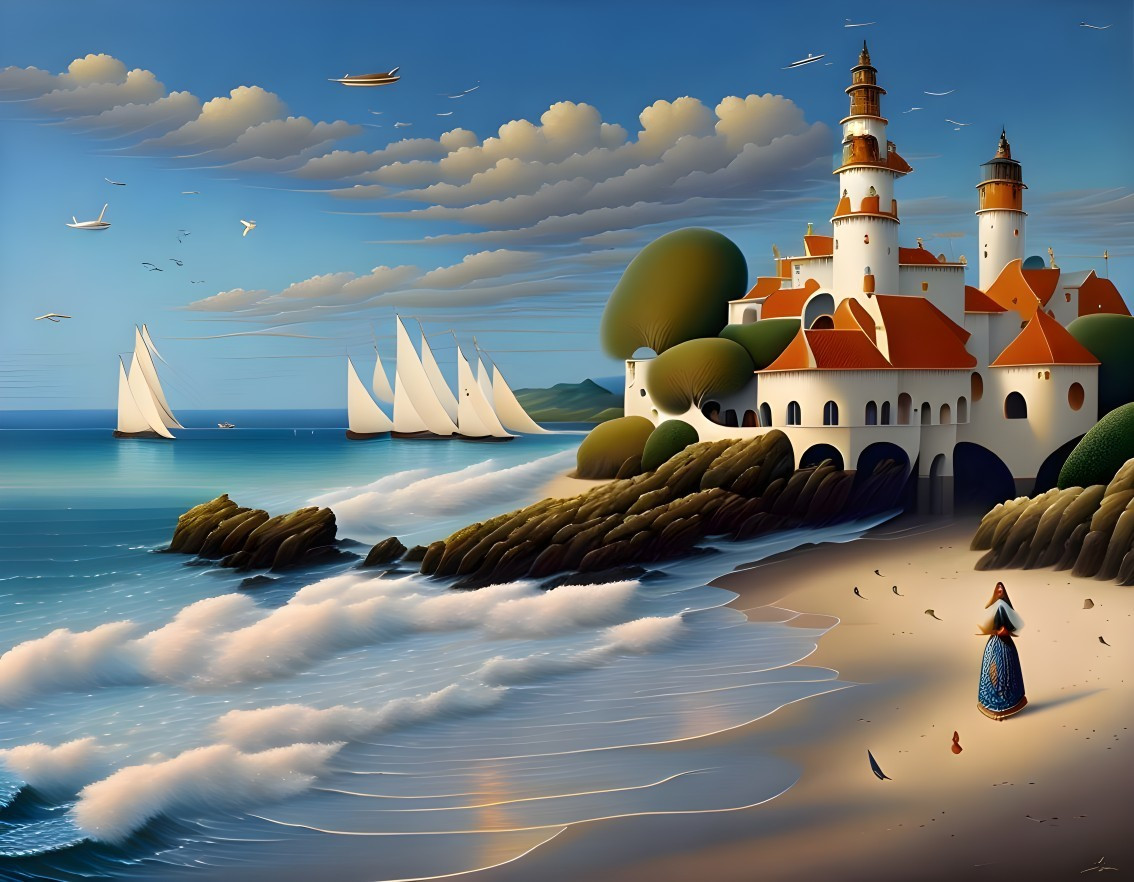 Coastal castle scene with sailboats, woman, floating islands, and birds