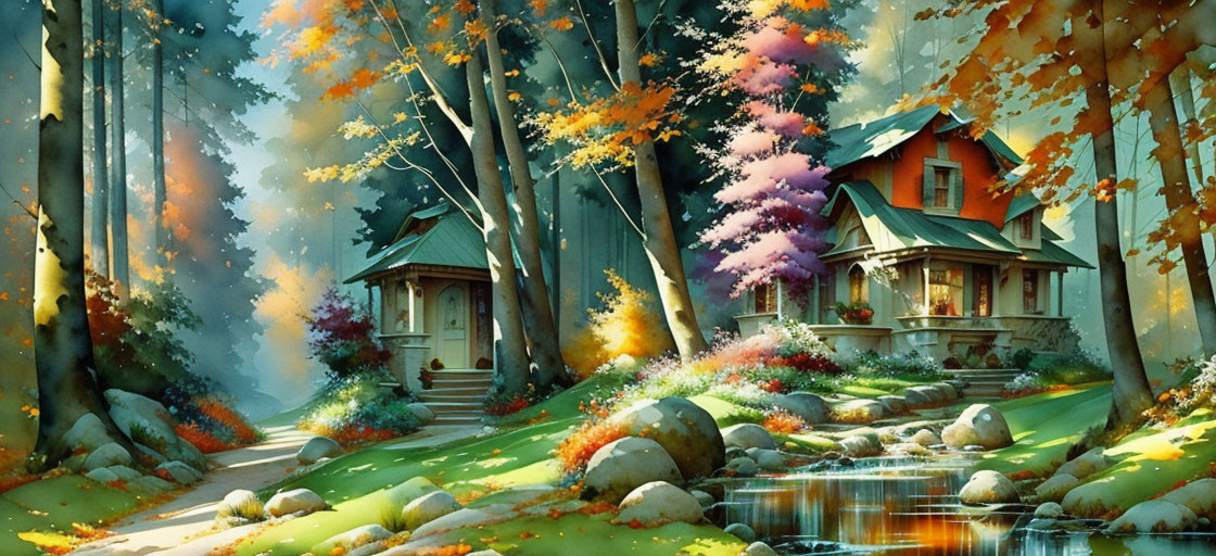 Colorful Autumn Forest Scene with Cottage, Stream, and Pathway