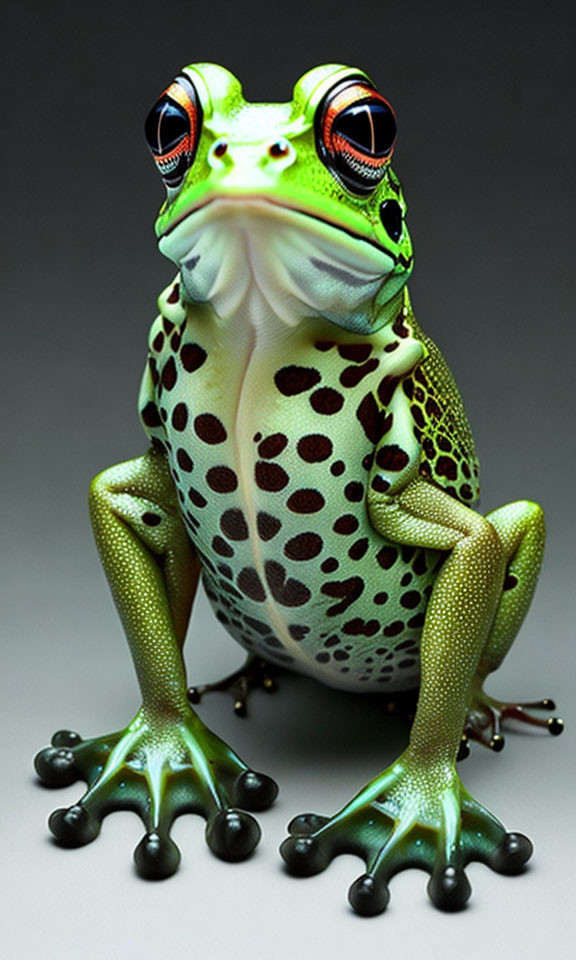 Colorful stylized frog with red and black eyes on grey background