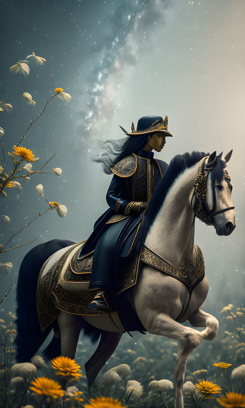 Knight in Blue and Gold Armor on White Horse in Field of Yellow Flowers