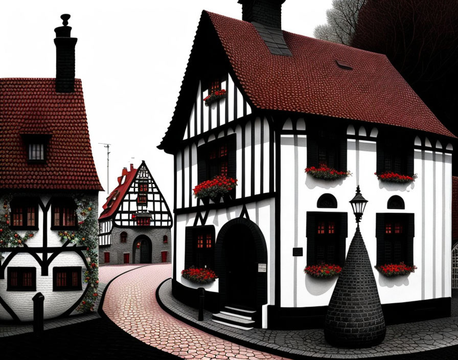 European Village Dusk Scene: Cobblestone Paths, Half-Timbered Houses