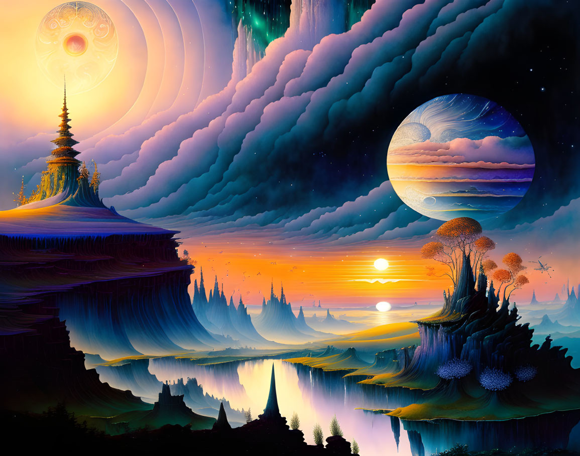 Fantastical landscape with temple, colorful skies, celestial bodies, and alien flora reflected in water