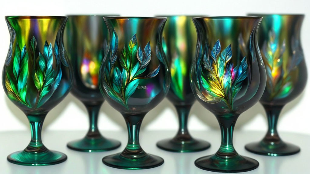 Iridescent Wine Glasses with Leafy Pattern in Green to Blue Spectrum