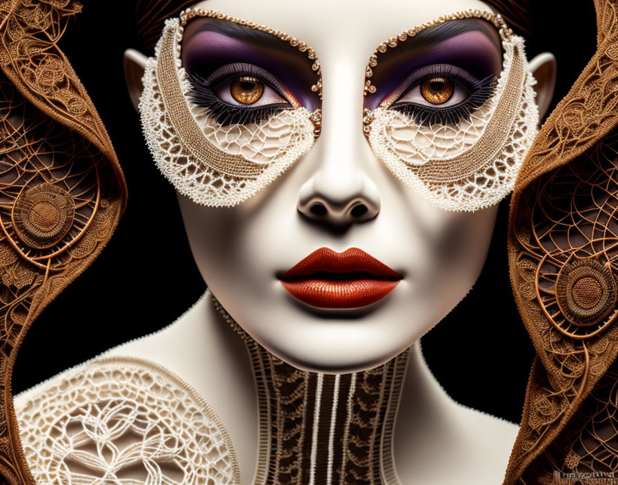 Digital portrait of a female face with lace mask, purple eyeshadow, red lips, and intricate