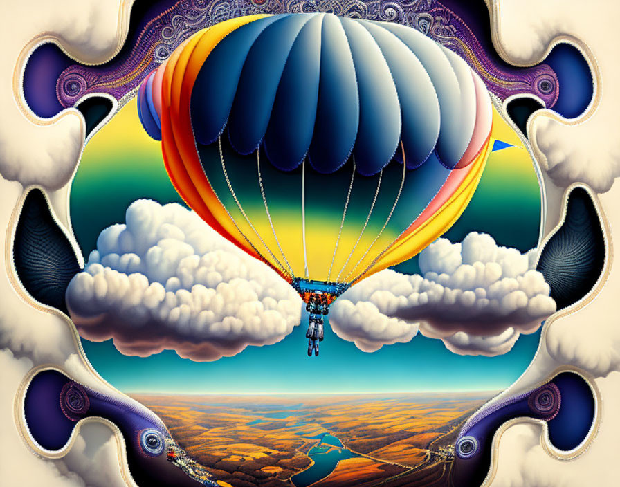 Colorful hot air balloon flying over scenic landscape with ornate borders