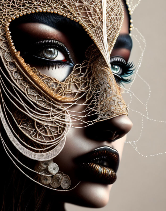 Golden lace mask enhances woman's bold makeup