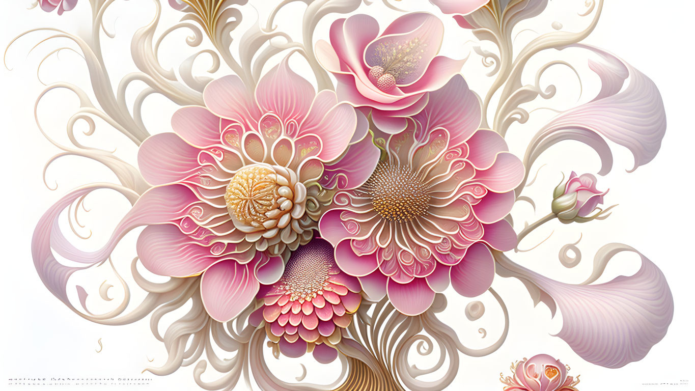 Detailed floral digital art: Pink and cream blossoms with gold accents