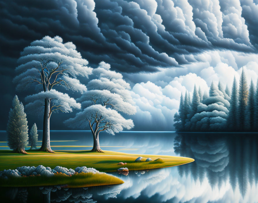 Surreal landscape with frosted white trees and cloudy sky reflected in a calm lake