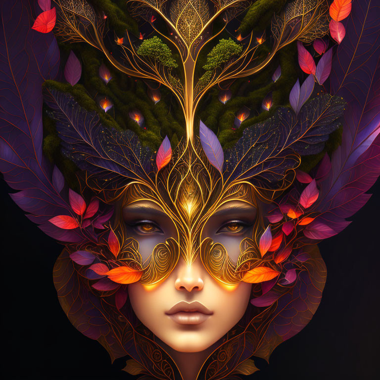 Fantastical digital artwork of a woman with leaf headdress on dark background