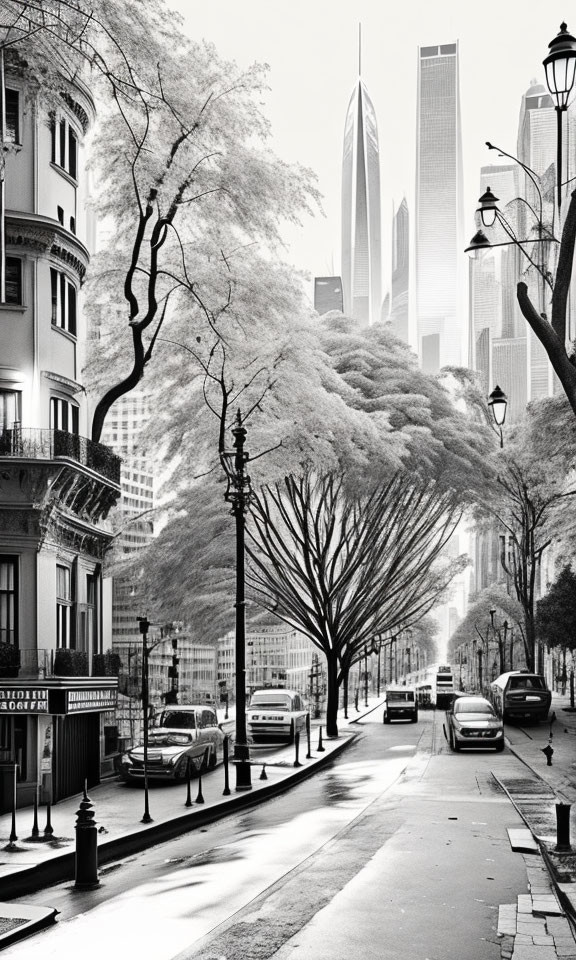 Monochrome urban street with leafy trees, parked cars, and skyscrapers in foggy background