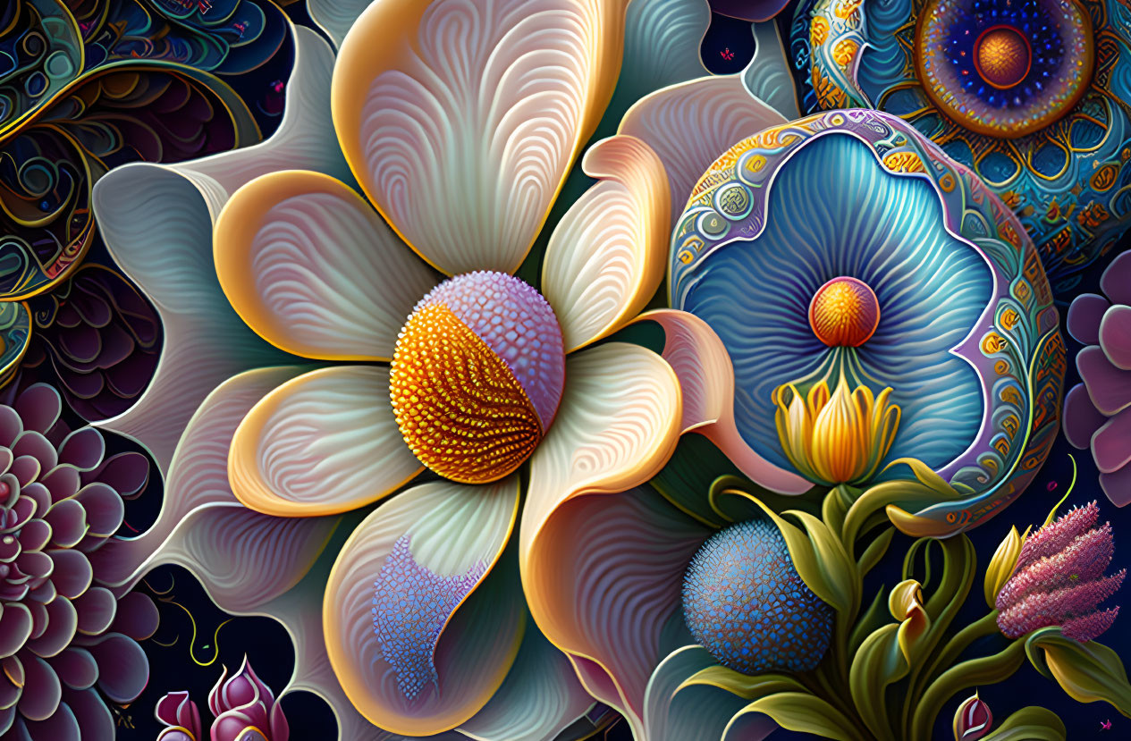 Colorful Stylized Floral Digital Art on Dark Background