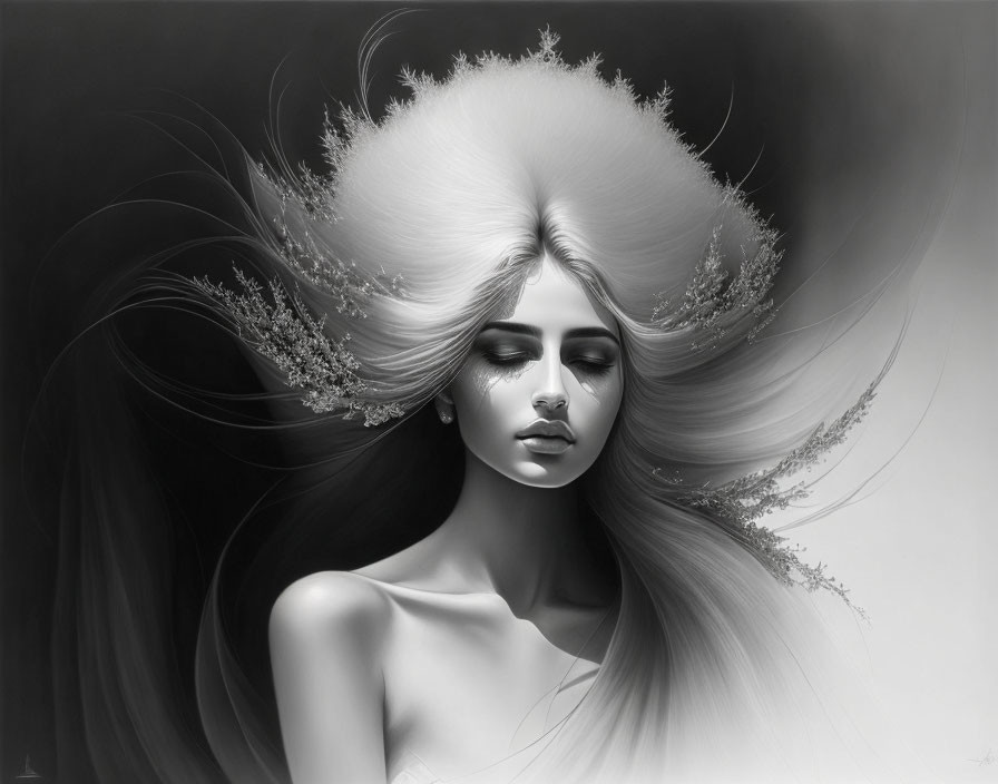 Monochromatic artwork: Woman with intricate tree-like hair.