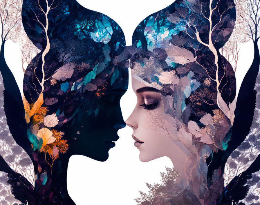 Symmetrical nature and human connection silhouette art