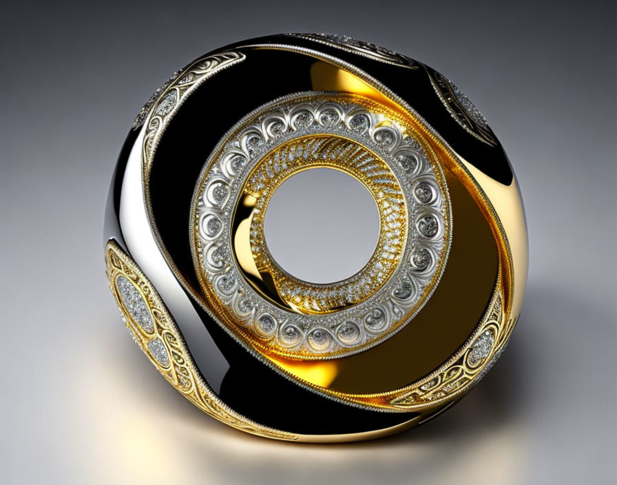 Luxurious ornamental ring with intricate gold and silver designs on gradient background