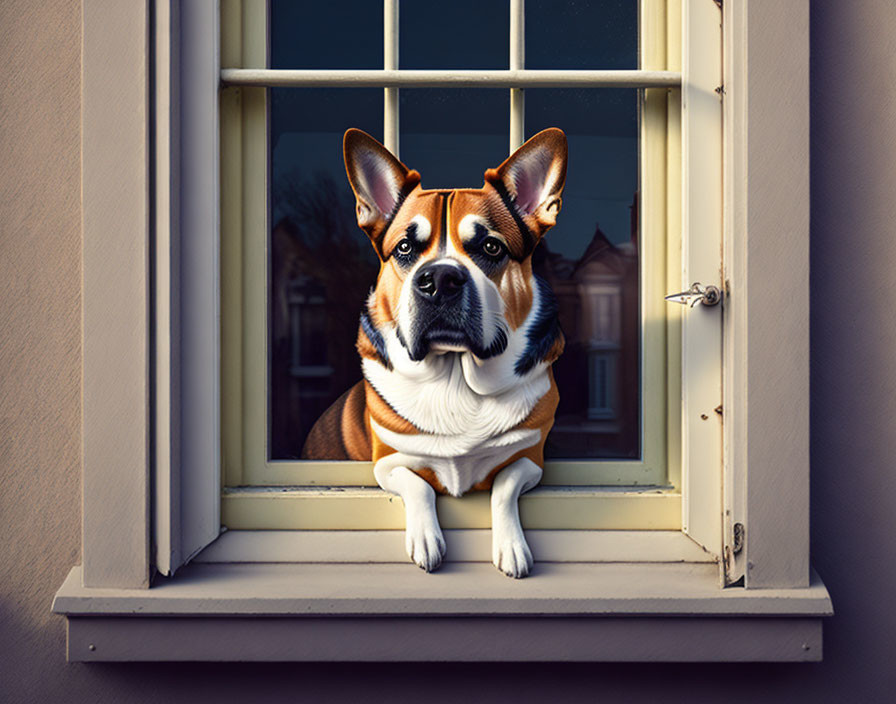 Brown and white fur dog looking out window with paws on sill