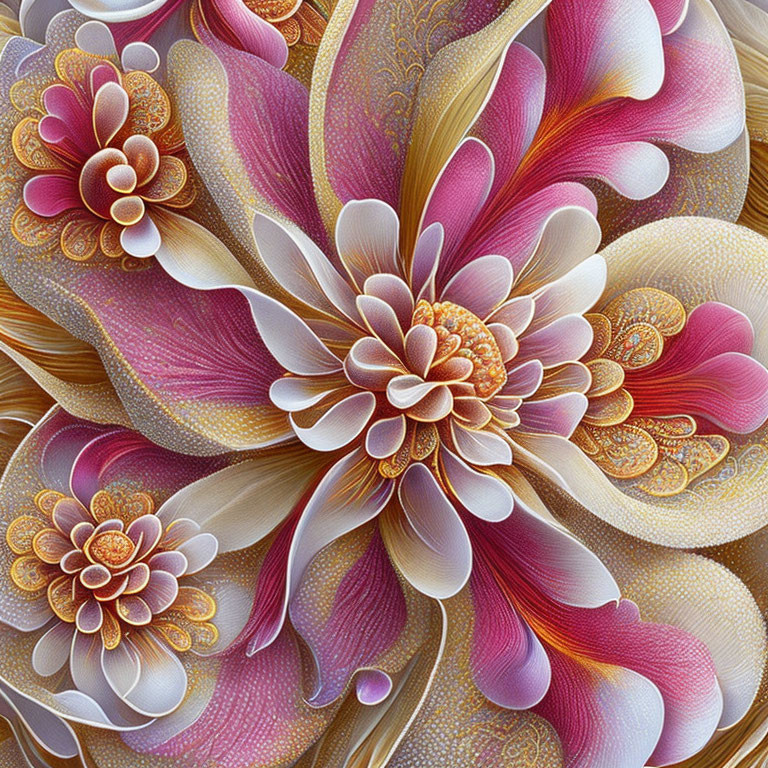 Colorful digital artwork of layered flowers in pink, gold, and cream.