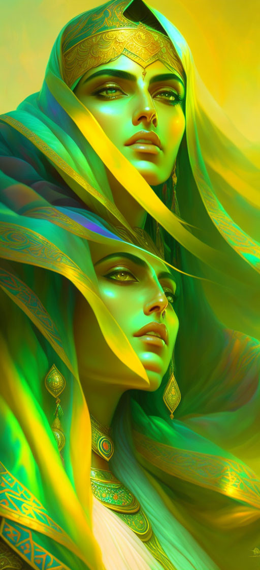 Vibrant digital art: two women in green and yellow veils, gold jewelry, intricate patterns