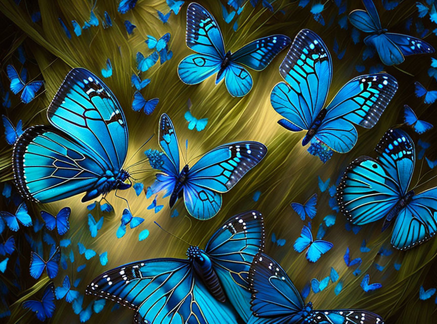 Blue and Black Butterflies in Golden Foliage