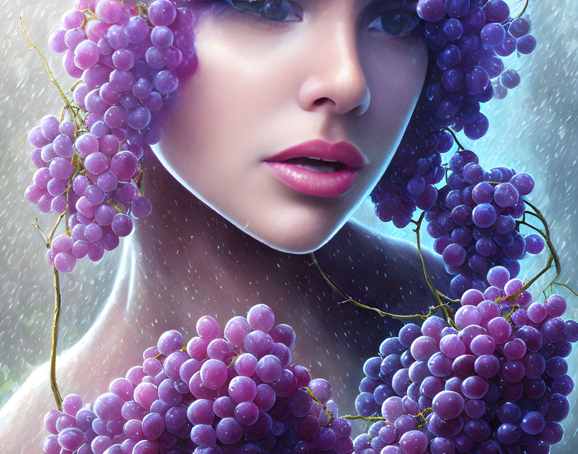 Close-up of woman with purple grapes and dew, vibrant lips and clear skin.