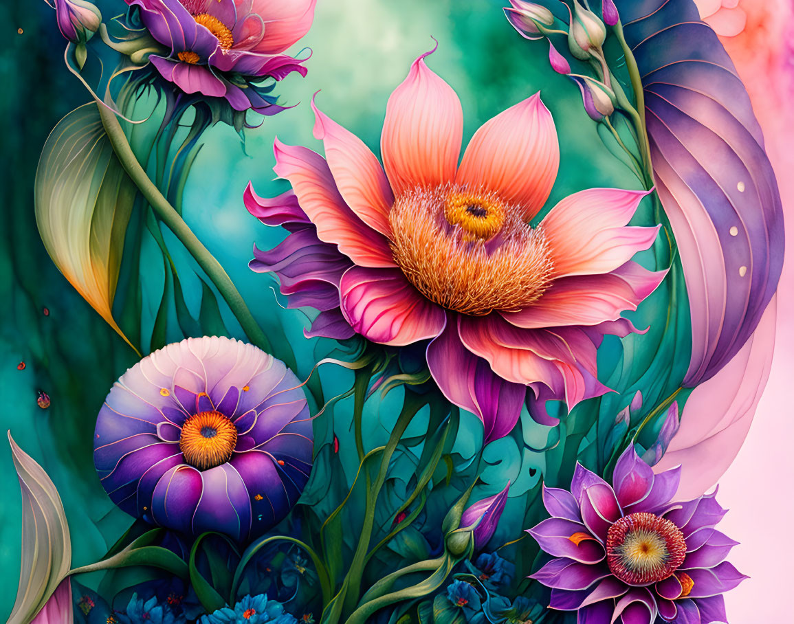 Colorful Stylized Flowers Digital Illustration with Dreamy Background