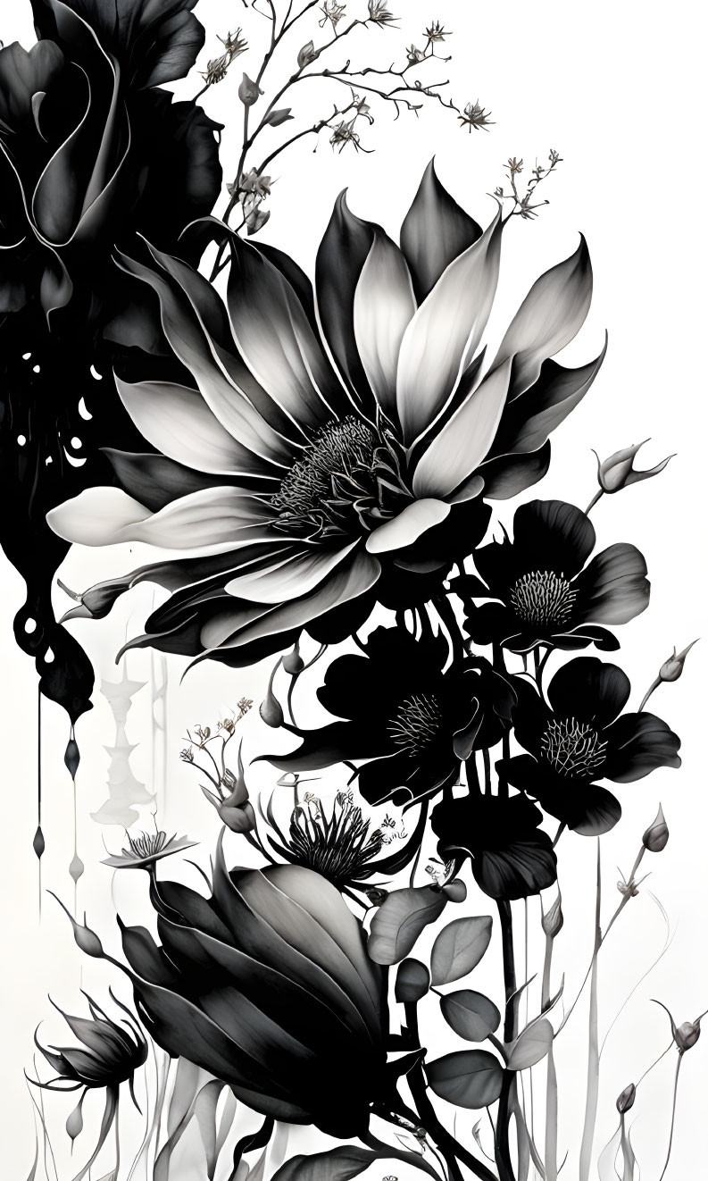 Monochrome floral art with central bloom and ink effects