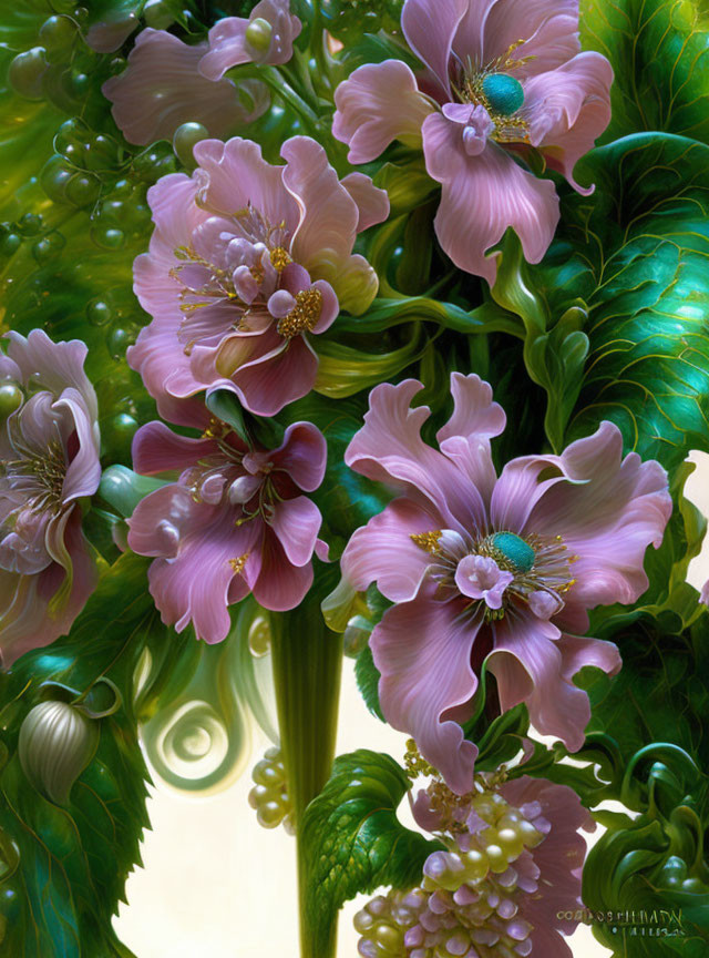 Detailed Illustration of Lush Pink Flowers with Prominent Stamens and Dewdrops