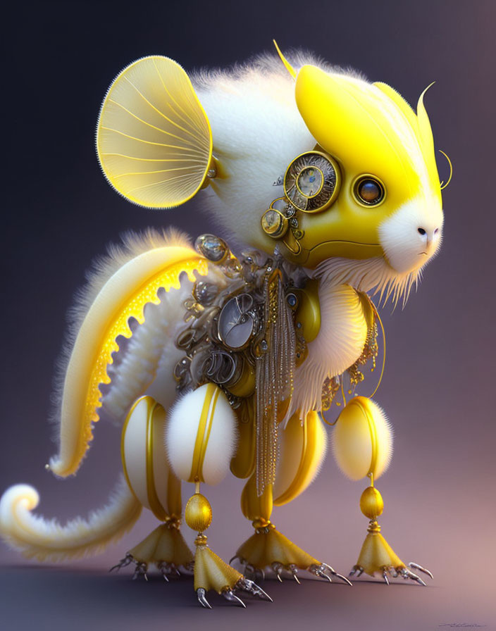 Whimsical white and yellow furry creature with mechanical parts and big ears