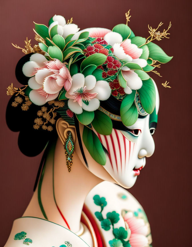 Detailed illustration of woman with elaborate hair, floral adornments, traditional makeup & attire