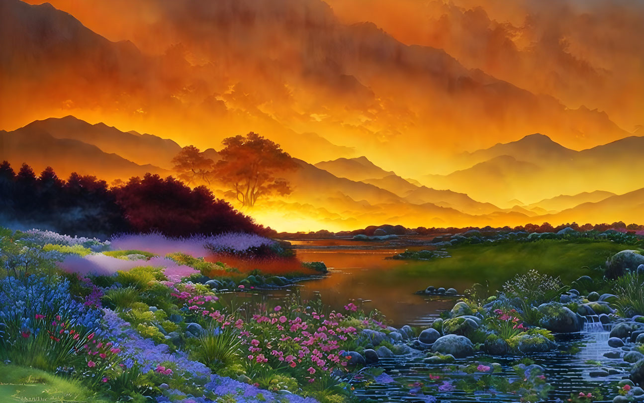 Scenic landscape with river, flowers, rocks, mountains, orange sky