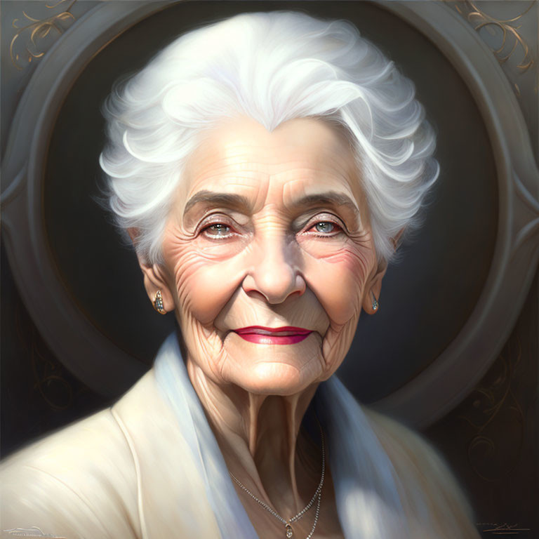 Elderly woman with white hair and warm smile in light-colored outfit against golden ornate circle.