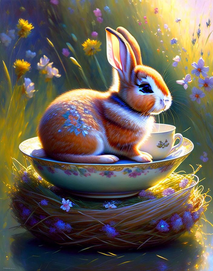 Illustration: Rabbit in teacup on nest with flowers & soft lighting