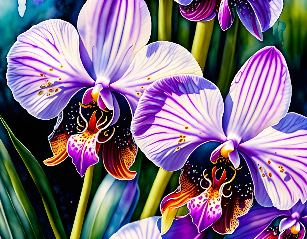 Colorful purple and pink orchids with water droplets on dark green foliage