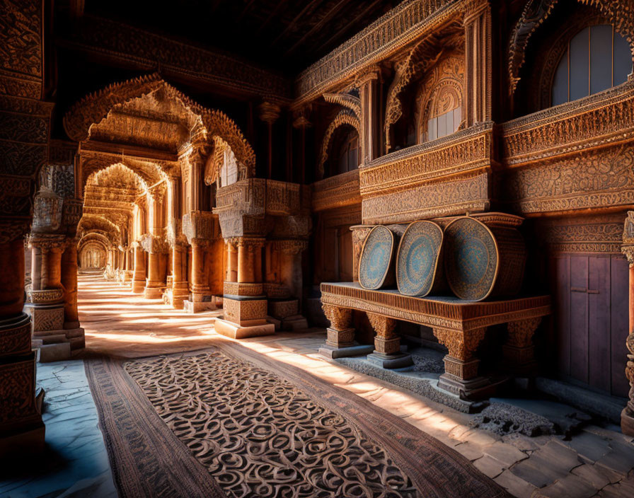 Intricate arches and carvings in sunlit corridor with vibrant plates