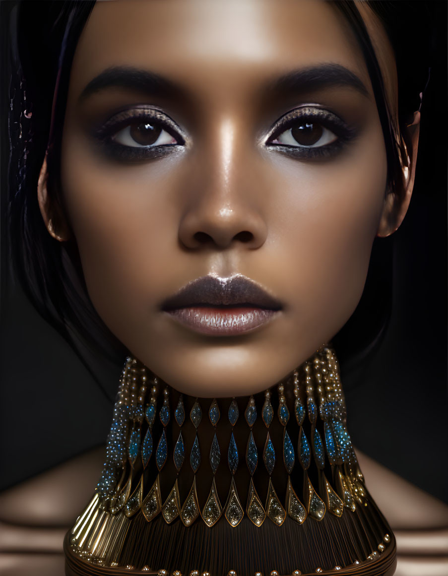 Close-up portrait of woman with dark smoky eyes and ornate gold & blue bejeweled