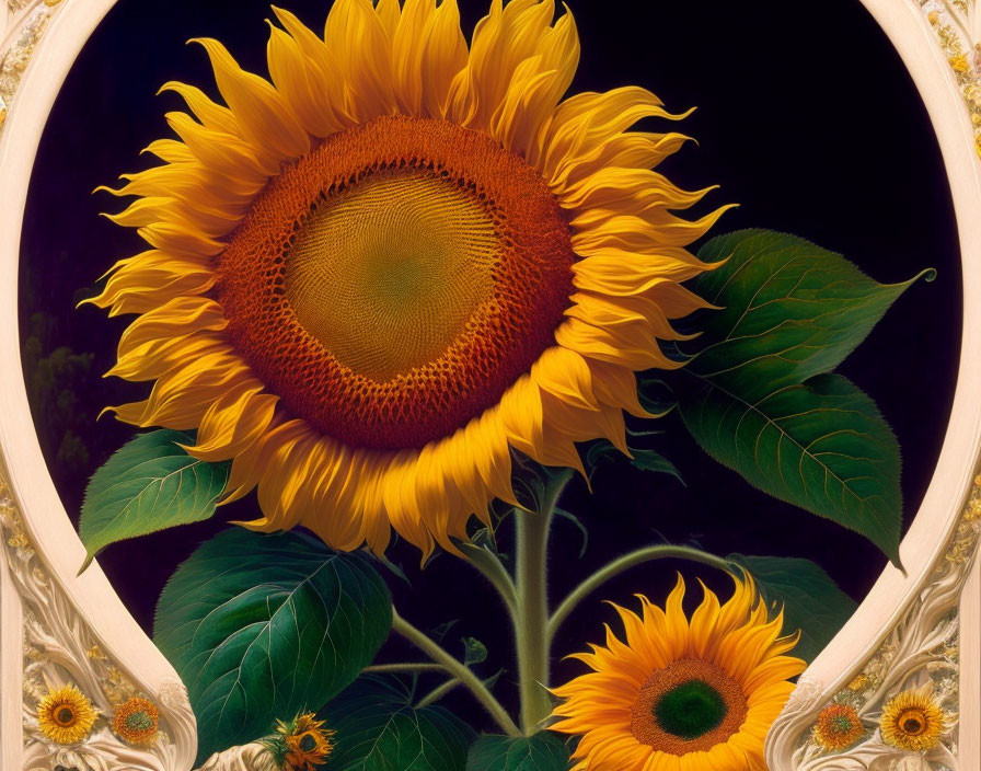 Close-up of vibrant sunflowers on dark background with ornate border