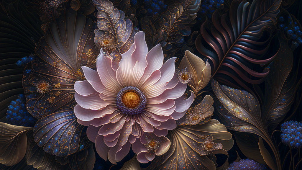 Detailed digital illustration of stylized flower with intricate petals and ornate swirling patterns in dark and warm tones