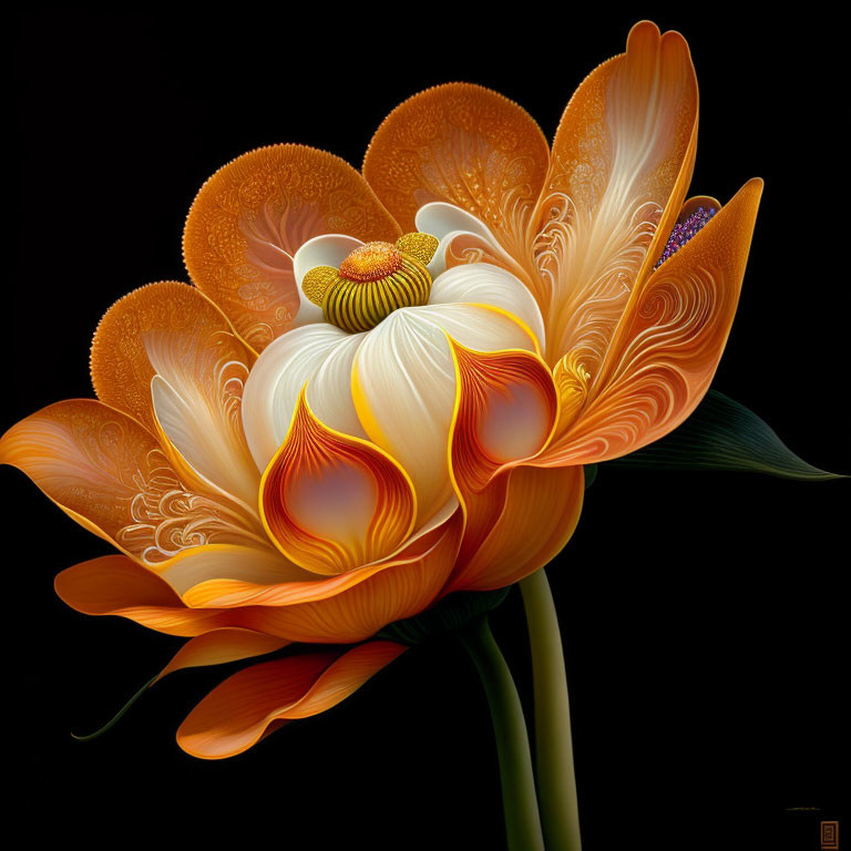 Stylized white and orange flower digital artwork on dark background