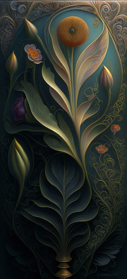 Stylized plant image with ornate sunflower-like bloom and swirling background.