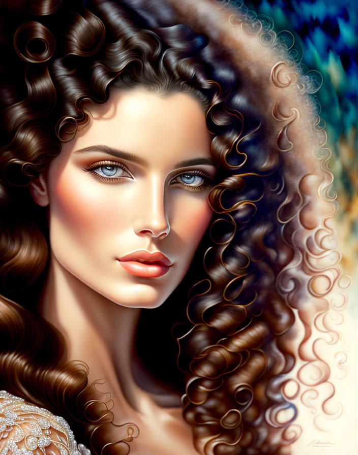 Detailed portrait of woman with voluminous curly hair and striking blue eyes