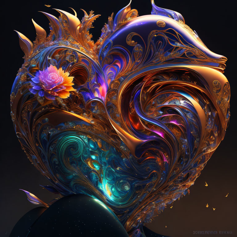 Detailed 3D Fractal Image: Heart-shaped metallic design with spikes, swirling patterns, and a