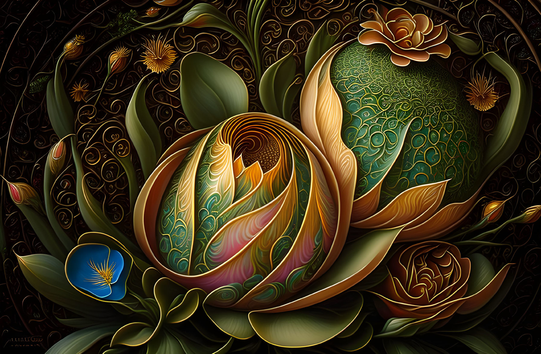 Colorful digital artwork of ornate floral patterns in green, gold, and brown