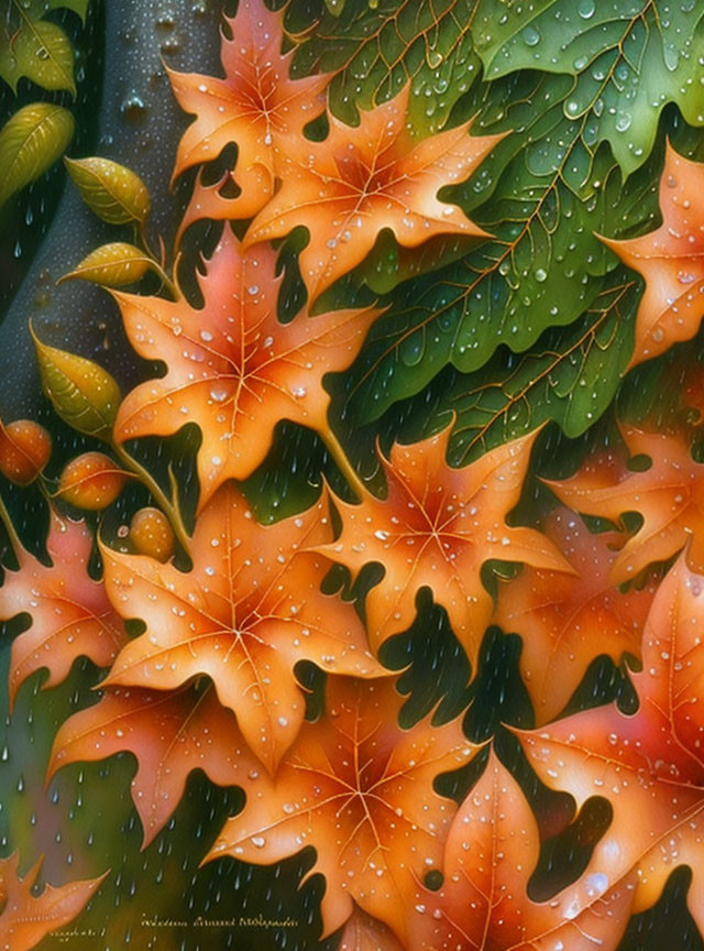 Autumn leaves with water droplets in vibrant orange and green colors