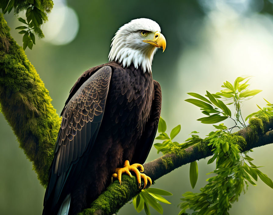 Majestic bald eagle on mossy branch in lush green forest