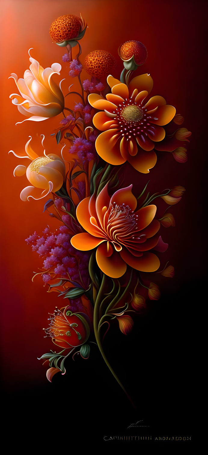 Vertical Array of Warm-Toned Flowers on Red-Orange Gradient Background