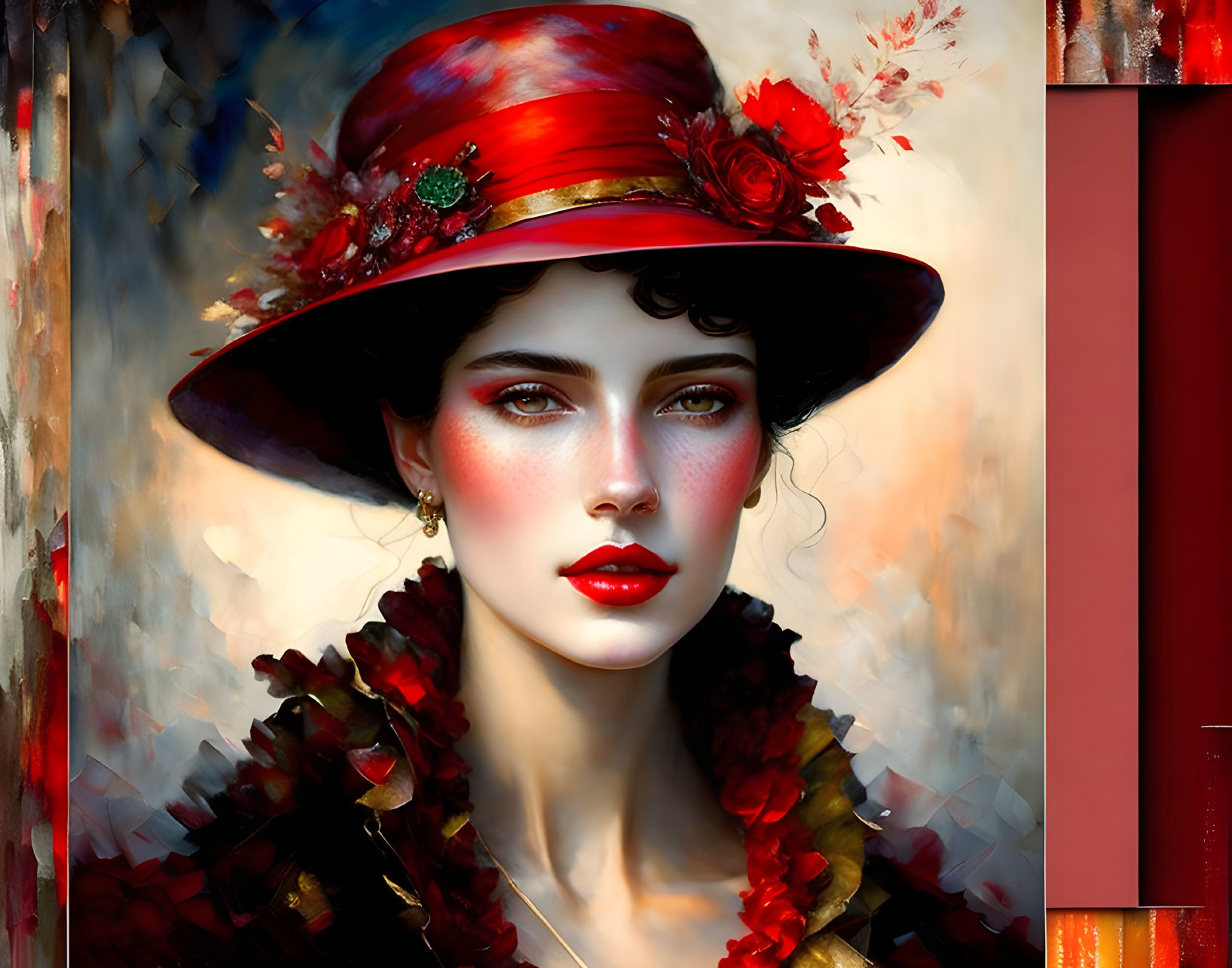 Digital Artwork: Woman with Red Cheeks and Lips in Red Hat with Flowers