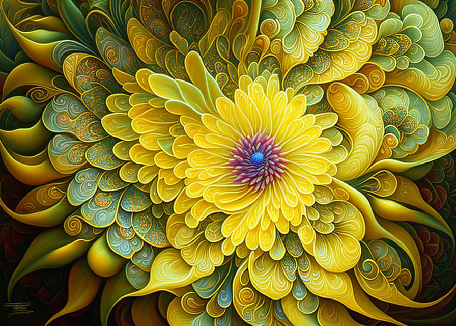 Colorful digital artwork: intricate floral pattern with yellow bloom and swirling leaf motifs