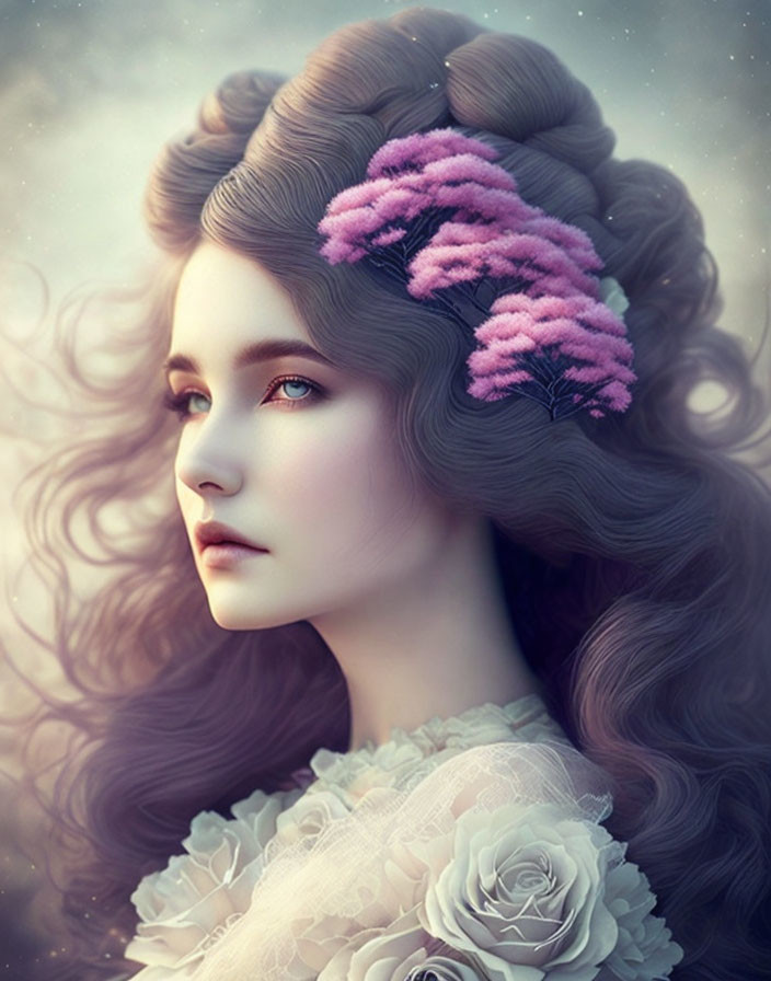 Digital portrait of a woman with brown hair, blue eyes, and pink blossoms, set in dream