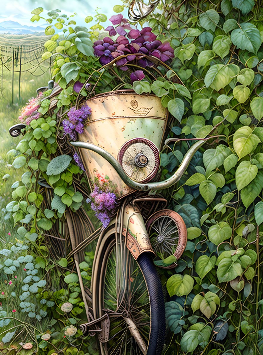 Vintage bicycle with grapes, flowers, and vines in pastoral setting